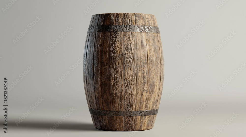Poster 3d rendering of a wooden barrel. the barrel is cylindrical in shape and appears to be made of a ligh