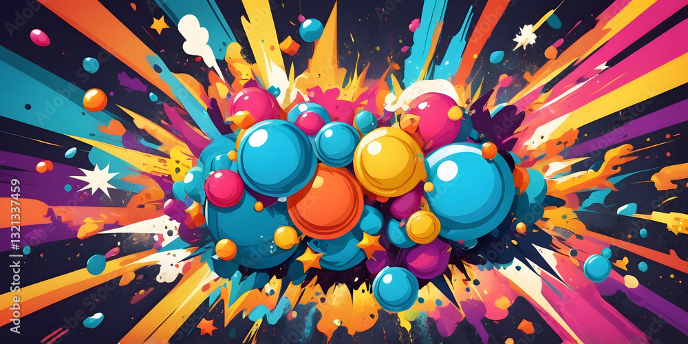 Poster burst of color: a dynamic and vibrant abstract illustration with multicolored spheres and radiating 