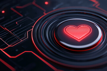 A close-up of a glowing heart symbol on a digital interface, symbolizing love in tech.