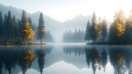 Fototapeta premium Majestic redwood trees stand in tranquil lake waters, with misty mountains and golden morning light reflecting perfectly, set against soft pastel sky in serene, right-aligned composition.