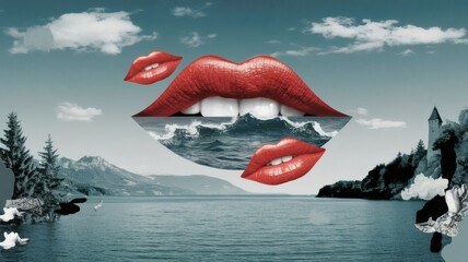 A surreal collage featuring floating red lips, a seascape, and a mountainous background. The lips merge with ocean waves, creating a dreamlike, poetic vision of nature and surrealism