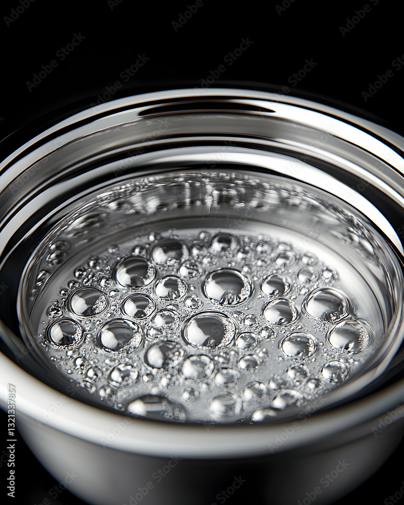 Poster close-up of a metallic bowl with numerous small, reflective droplets on its surface. the droplets va