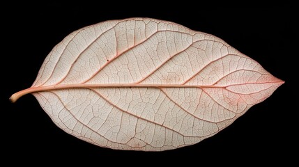 Fototapeta premium Close-up of a single leaf. the leaf is elongated and has a pointed tip. the veins of the leaf are visible, and they are arranged in a radial pattern.