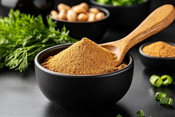 A bowl of aromatic spice powder with fresh herbs and nuts in the background