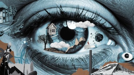 A surreal digital collage featuring a large eye with dreamlike elements inside—floating houses, trees, clouds, and abstract objects. The composition symbolizes imagination, consciousness, surrealism.