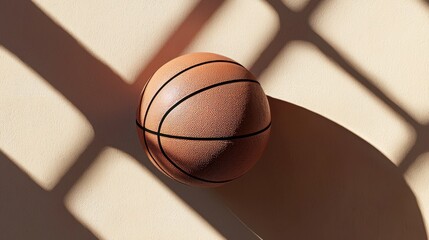 Close-up of a basketball lying on a beige-colored surface. the basketball is in the center of the image, with the black lines of the ball clearly visible.