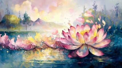 A delicate watercolor painting of a blooming lotus on a serene lake, surrounded by dreamy nature. Soft pastel tones and artistic splashes create a peaceful and meditative atmosphere.