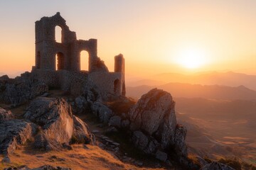 Ruins of an ancient fortress at sunset over a mountainous landscape in a serene setting