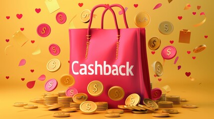Pink shopping bag with cashback, gold coins raining down, yellow background, promotional image