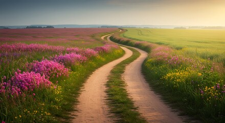 Naklejka premium Winding Dirt Road Through Field of Wildflowers: Spring Landscape with Green Grass, Pink and Yellow Flowers, Rural Countryside Scene