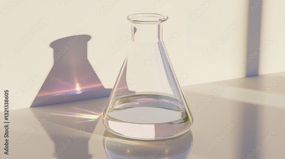 Poster glass conical flask with a narrow neck and a wide base. the flask is placed on a white surface with 