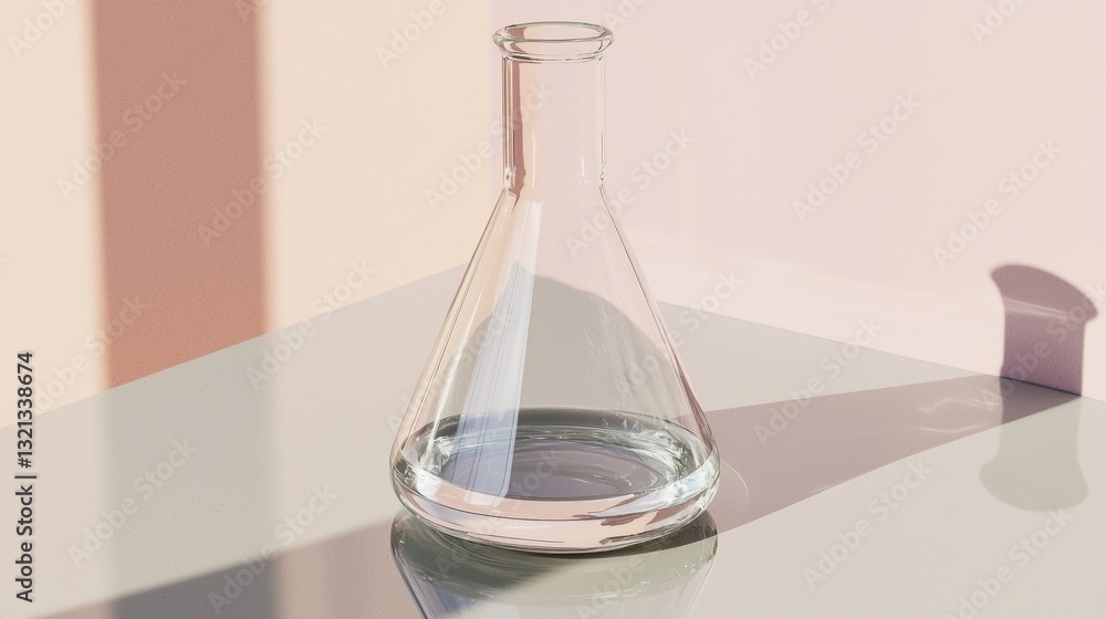 Poster glass conical flask with a narrow neck and a wide base. the flask is placed on a white surface with 
