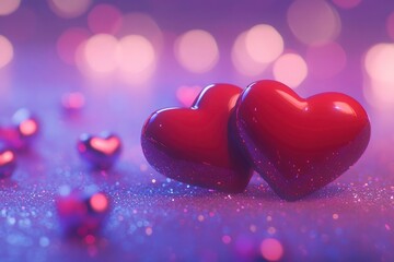 Obraz premium Two red hearts on a sparkling purple background