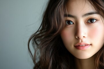 Naklejka premium A woman with long brown hair and a pinkish tint to her lips