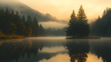 Tableau sur aluminium  Majestic redwood trees stand in tranquil lake waters, with misty mountains and golden morning light reflecting perfectly, set against soft pastel sky in serene, right-aligned composition.  © horizon