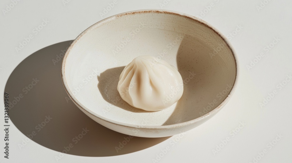 Poster close-up of a small white bowl with a light brown speckled texture. the bowl is placed on a plain wh