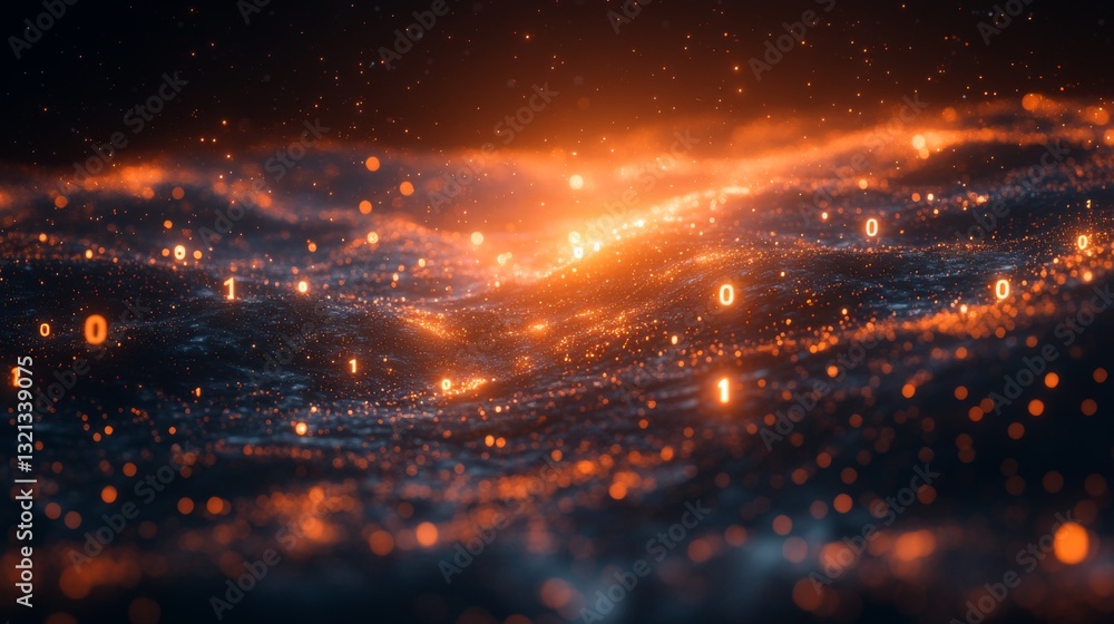 Poster This artwork represents the complex nature of quantum mechanics, showcasing qubits in superposition and entanglement amidst a backdrop of digital data flowing like waves.
