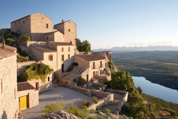 Picturesque stone village overlooks serene lake at sunset in southern France