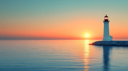 Serene lighthouse at dawn glows in soft golden sunrise over calm ocean, with white tower and cottage on right, misty atmosphere, and gentle orange-blue sky over smooth water surface.