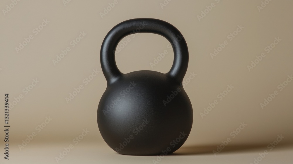 Poster Photograph of a black kettlebell. the kettlebell is round and cylindrical in shape with a handle on top. it appears to be made of a smooth, shiny material and is sitting on a beige background.