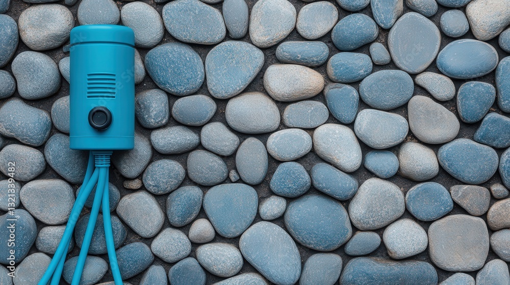 Aufkleber a vibrant blue device rests on a textured surface of smooth gray stones, creating a striking contras