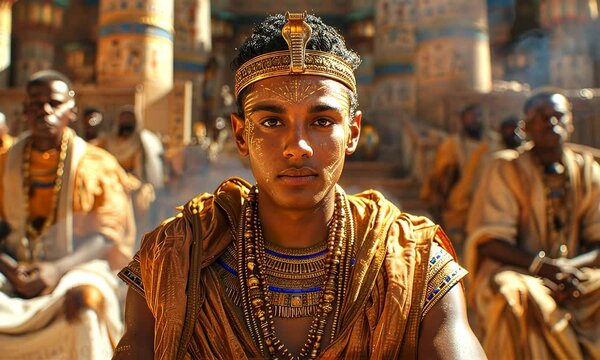 Young Egyptian pharaoh in kings dressing portrait 
