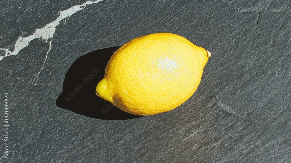 Poster close-up of a single lemon on a black slate surface. the lemon is bright yellow in color and appears