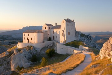 Obraz premium Sunset illuminates ancient fortress perched atop rocky hill with grass swaying in gentle breeze in Italy