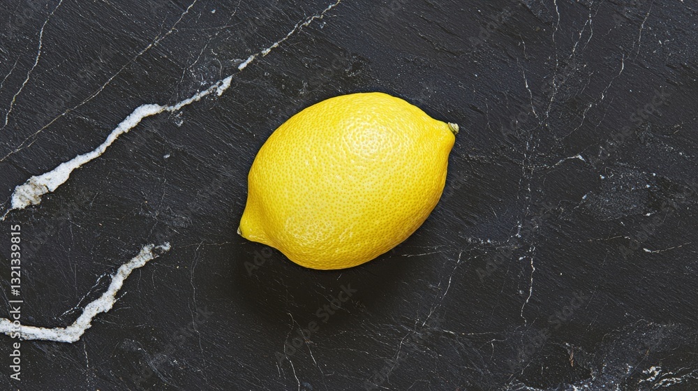 Poster close-up of a single lemon on a black surface. the lemon is bright yellow in color and appears to be