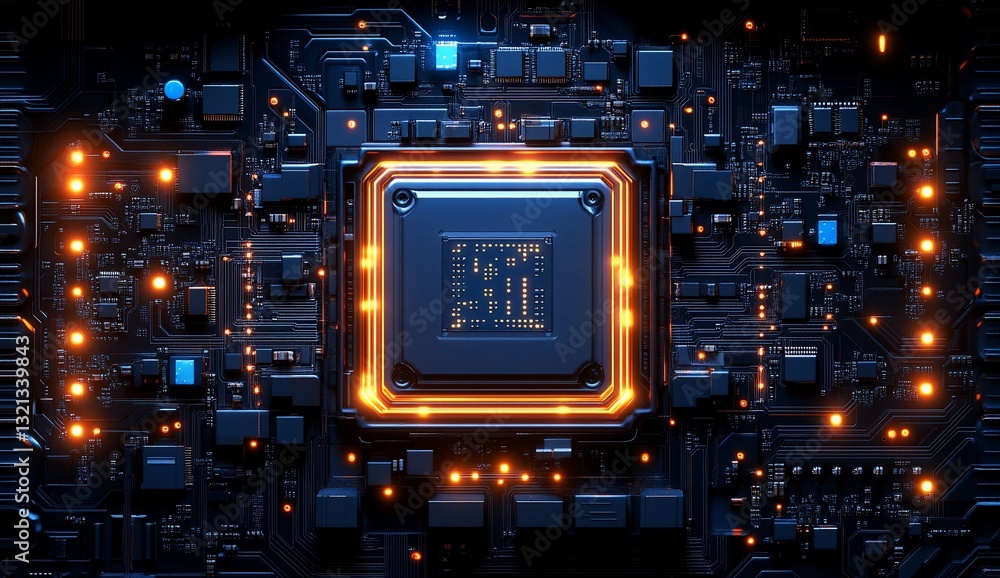 Poster close-up of a microchip technology board illustrating circuitry, glows and connectivity