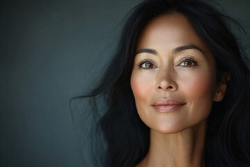 Fototapeta premium A woman with dark hair and a tan complexion is smiling