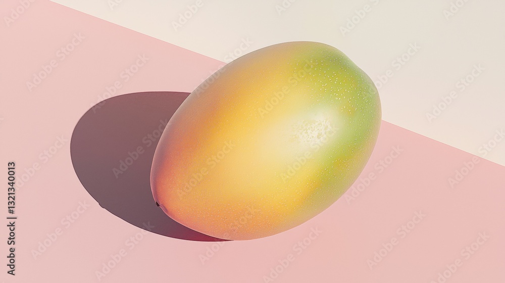 Poster 3d rendering of a mango on a pink and light pink background. the mango is in the center of the image