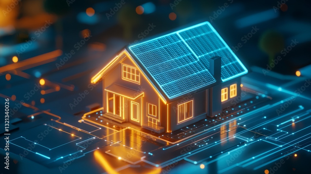 Poster sustainable smart home with solar panels and an interactive ai energy assistant displaying real-time