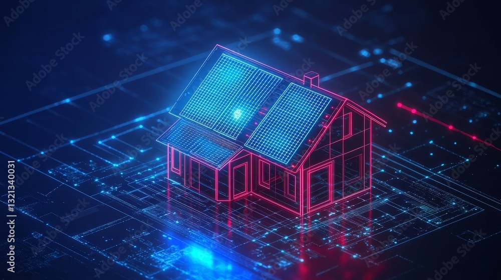 Poster sustainable smart home with solar panels and an interactive ai energy assistant displaying real-time