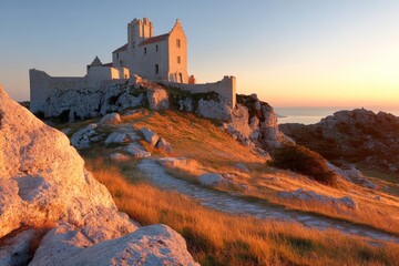 Fototapeta premium Historic castle overlooks a tranquil landscape at sunset near the coastline