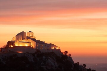 Sunset over a historic monastery perched on a hilltop with warm glow illuminating its architecture