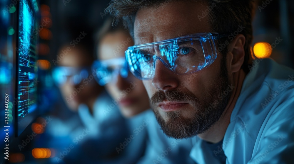 Poster Researchers engaged in a quantum physics experiment observe quantum phenomena on advanced screens, focusing on qubits, superposition, and entanglement dynamics.