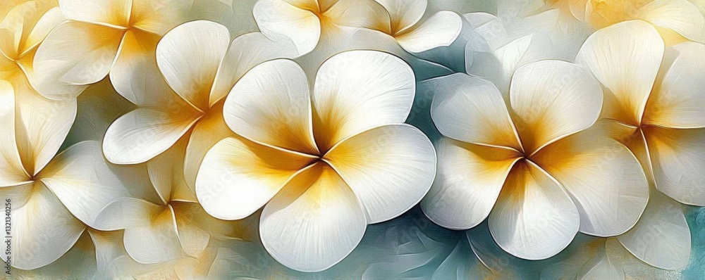 Poster delicate white and yellow floral abstract painting with unique shapes and sizes, creating depth and 