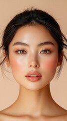 Naklejka premium A woman with a light pink lip color and a dark brown eye shadow
