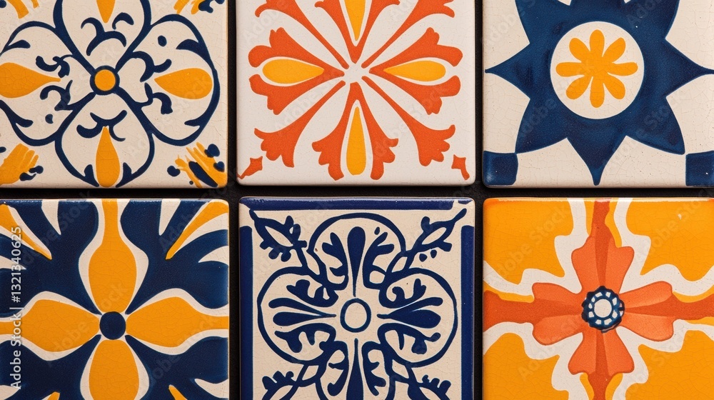 Poster collage of nine square tiles arranged in a grid-like pattern. each tile has a unique design with a d