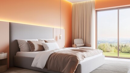Scandinavian high tech bedroom, warm peach walls, high soft headboard, taupe satin bedding, ambient LED lights, panoramic park view