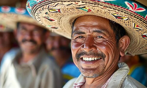 Group of Mexican men in giant sombrero hats are smiling to camera