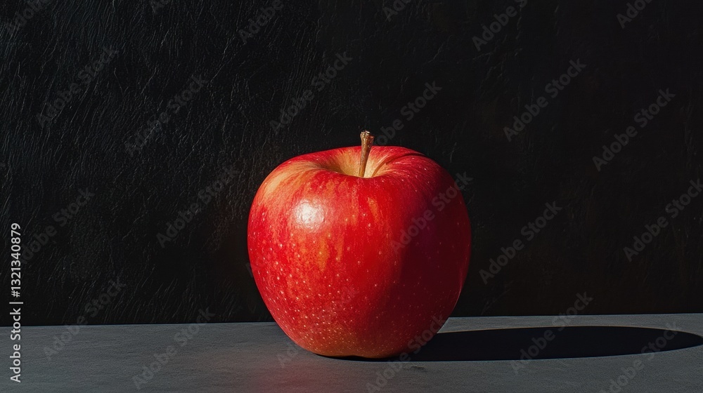 Poster close-up of a red apple on a black background. the apple is in the center of the image, with its ste