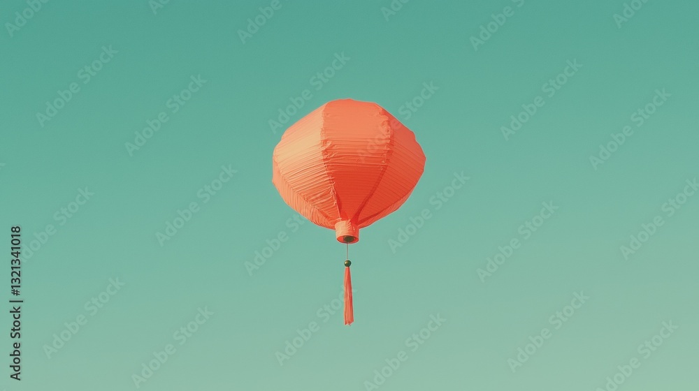 Poster photograph of a red paper lantern floating in the sky. the lantern is round and cylindrical in shape