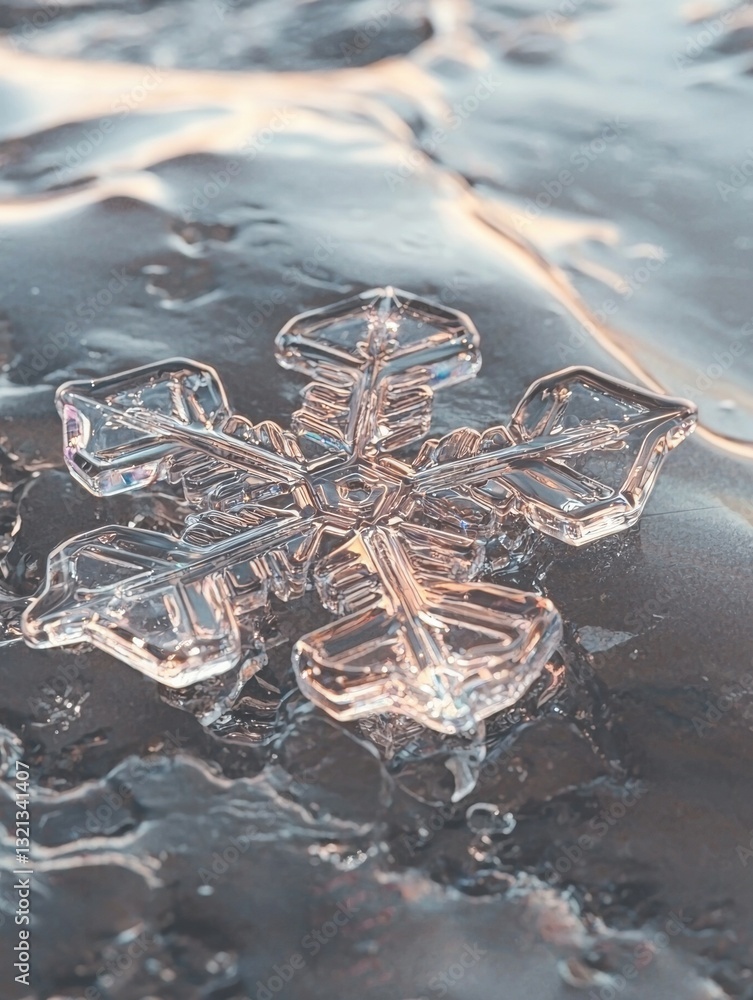 Fototapete close-up of a snowflake on a surface of ice. the snowflake is made up of multiple layers of transpar