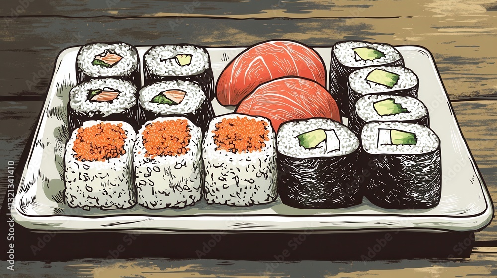 Aufkleber delicate sushi plate featuring spicy tuna and various rolls presented on a wooden table in an elegan