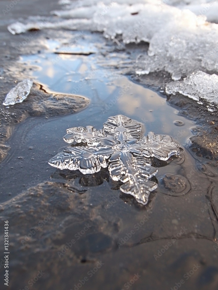 Fototapete close-up of a snowflake on a puddle of water. the snowflake is made up of multiple layers of ice cry