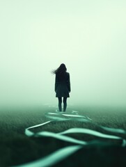 Mysterious figure walking on a foggy day with a ribbon trail in a desolate landscape