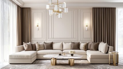 Serene neoclassical living room, warm coffee walls, plush modular sofa, marble coffee table, sculptural wall panel, layered curtains, gold chandelier