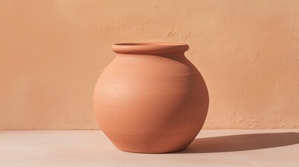 Small, round, terracotta-colored vase or jar with a narrow neck and a wide opening at the top. the vase is sitting on a light-colored surface with a beige wall in the background.